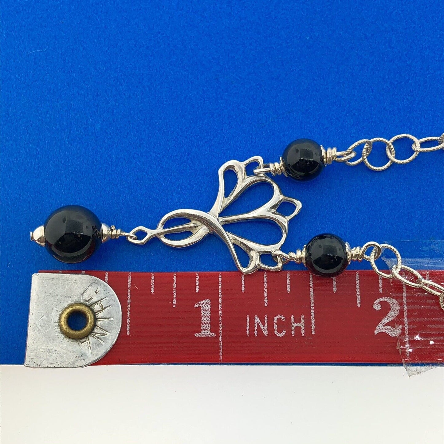 Stunning Sterling Silver 925 Onyx Bead Circle Link 20.5" Pendant Necklace