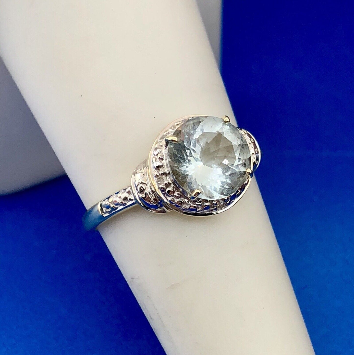 Designer 10K Yellow White Gold Aquamarine Diamond Accent March Anniversary Ring