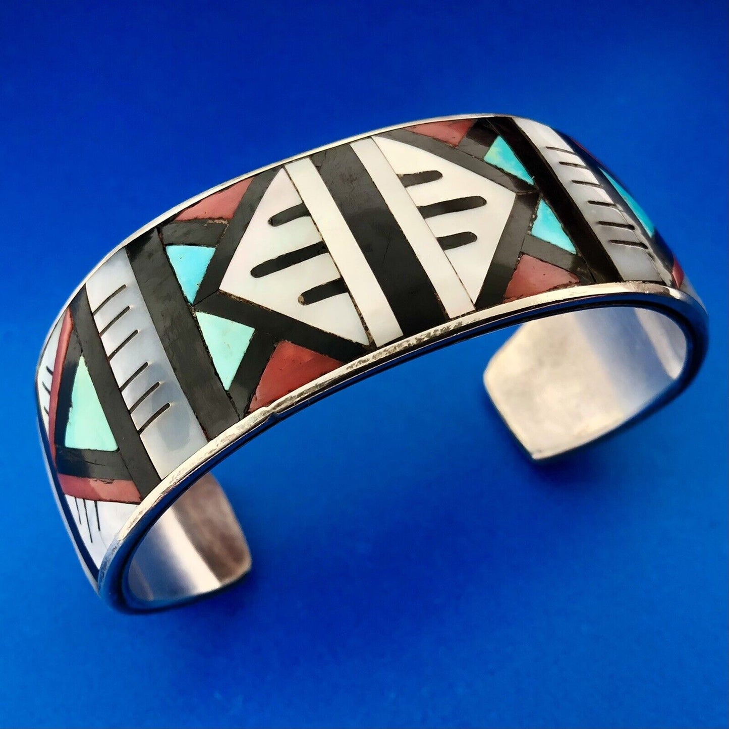 Native American Signed 925 Sterling Multi Stone Inlay Statement Cuff Bracelet