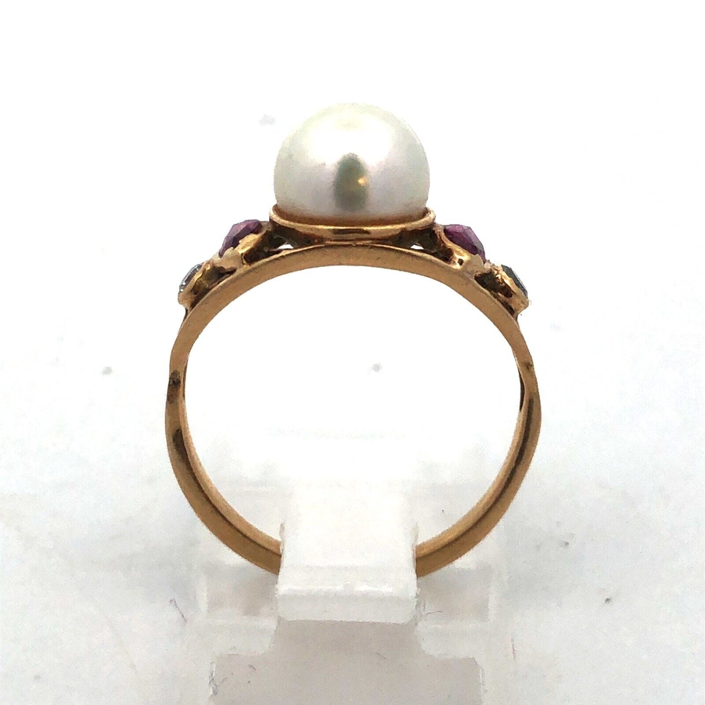 Vintage 14K Yellow Gold Pearl Ruby Diamond Art Deco Style Cocktail Ring