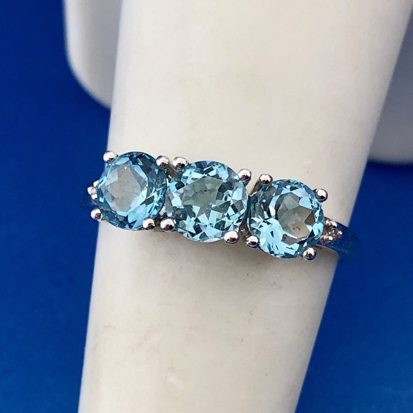 Designer 10K White Gold Blue Topaz Diamond Engagement Birthstone Cocktail Ring