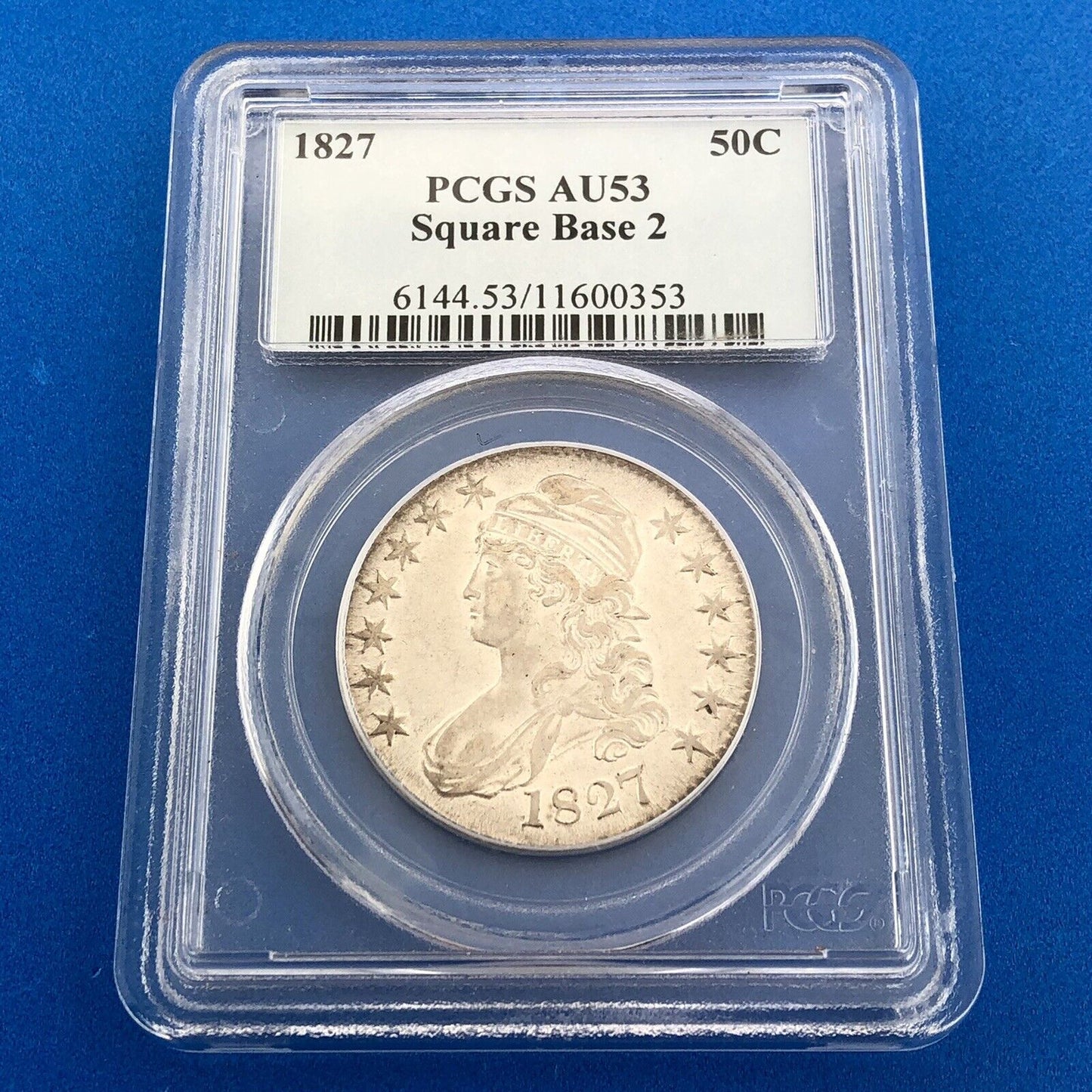 1827 Capped Bust Silver Half Dollar 50c Square Base 2 PCGS AU53 Early US Coin
