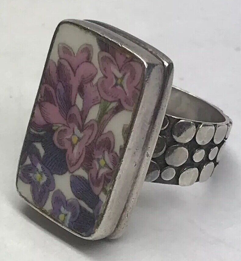 Vintage Sterling Silver 925 Purple Pink Floral Enamel Bead Work Statement Ring