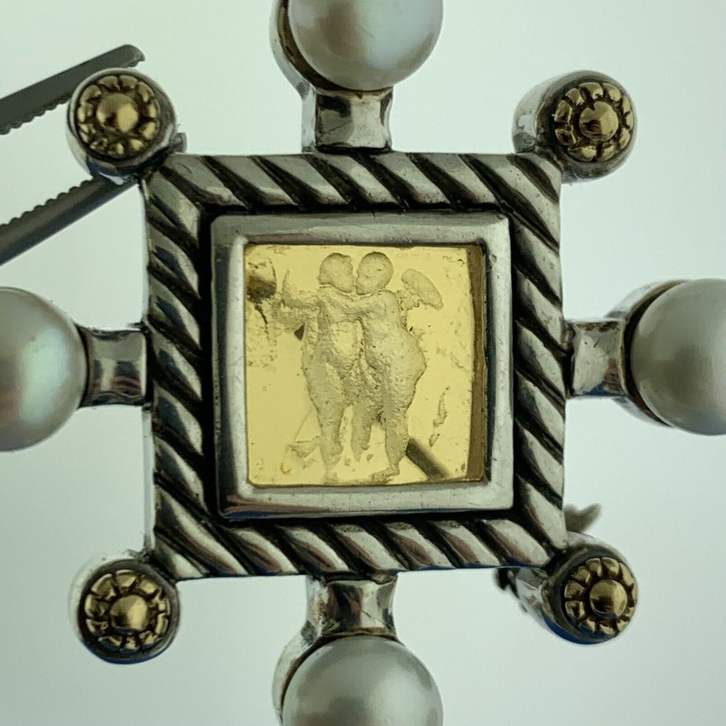 Designer Italy 18K Gold Sterling Silver Carved Cherub Pearl Brooch Pendant