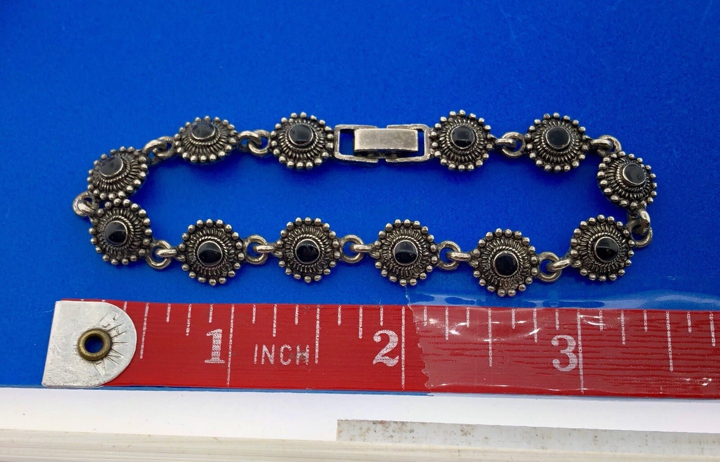 Charming Silver Tone Black Onyx Cabochon Floral Petite Bead Panel Bracelet