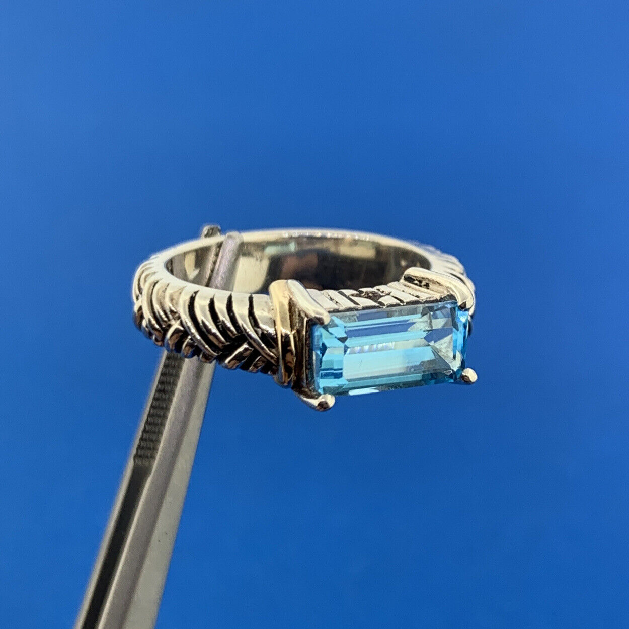 Andrea Candela 14K Yellow Gold 925 Sterling Silver Blue Topaz Woven Cable Ring