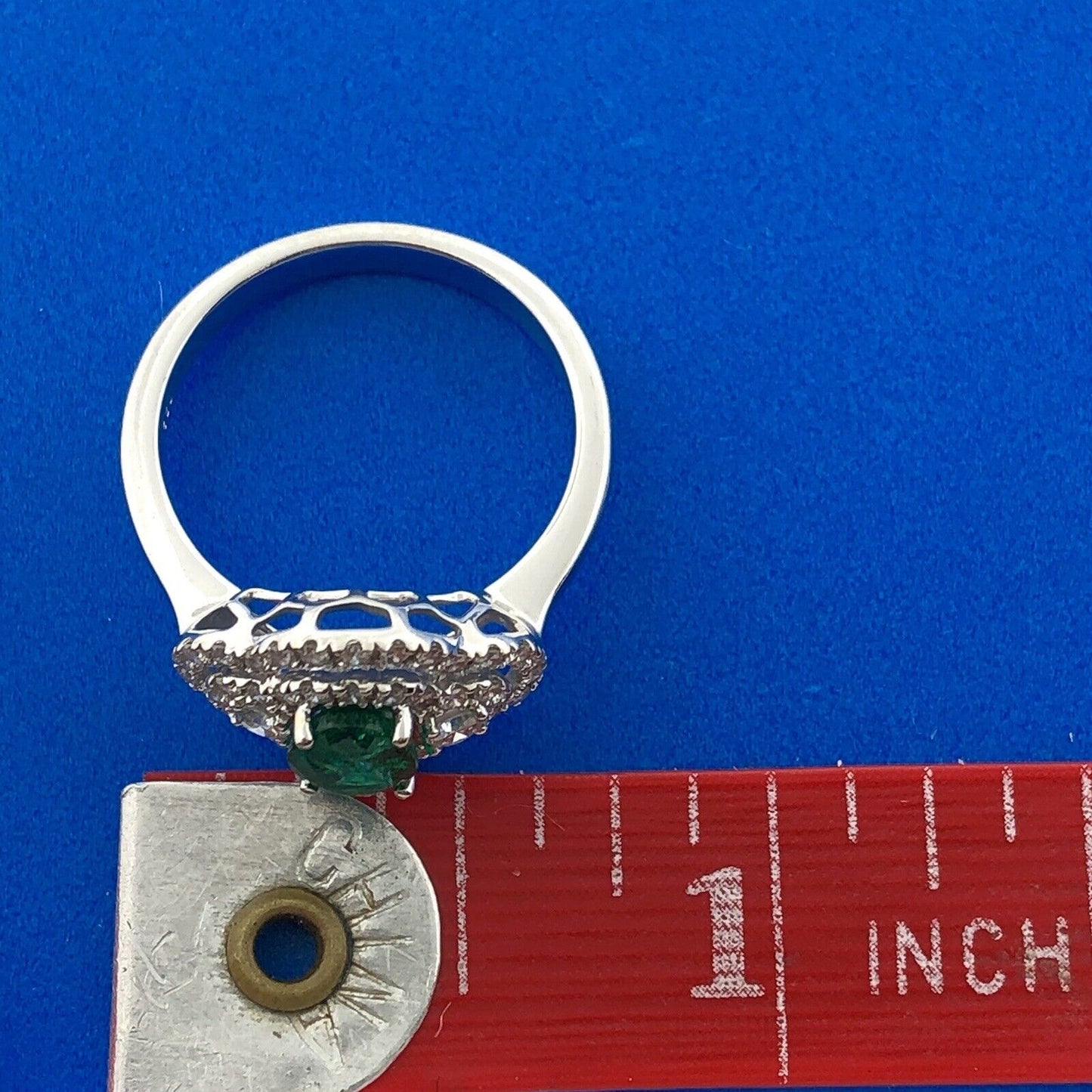 Stunning 18K White Gold Emerald Diamond Triple Halo May Anniversary Ring Size 6