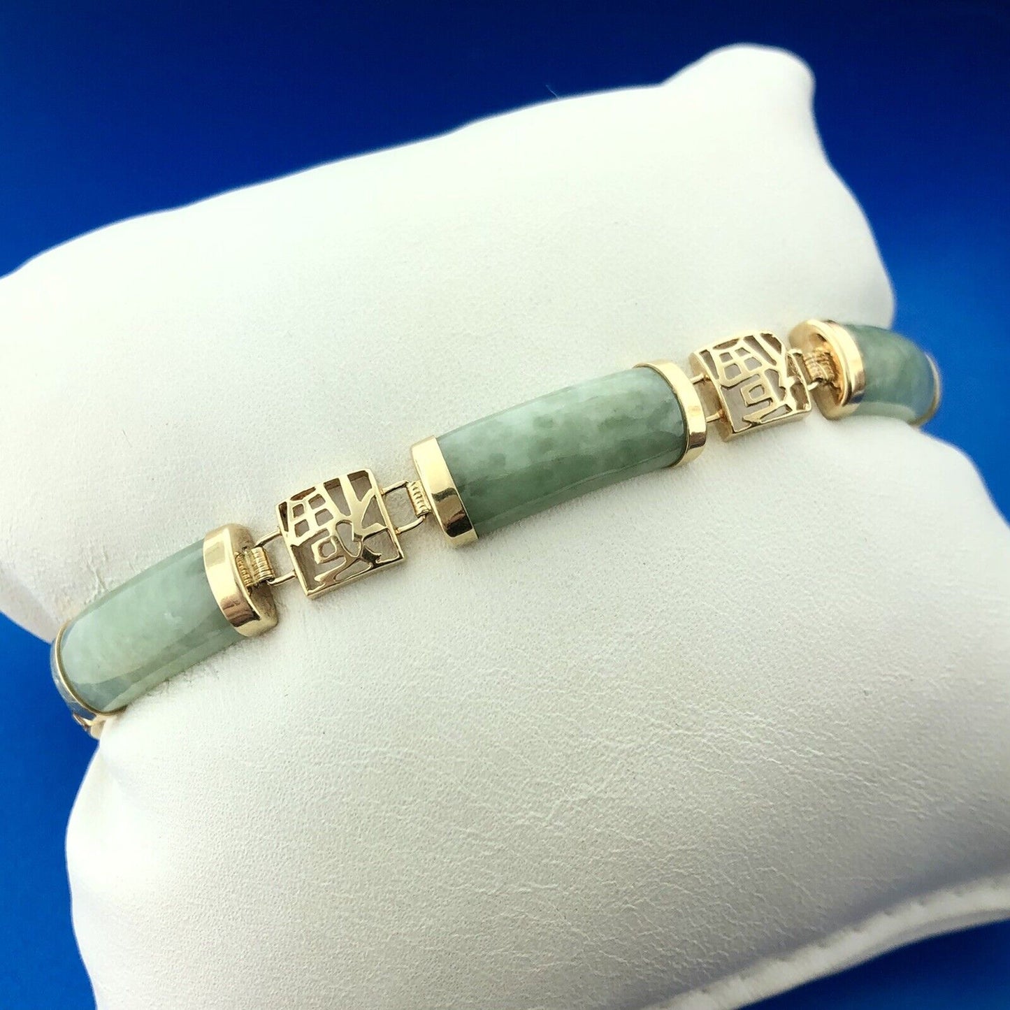 Retro 14K Yellow Gold Jade Jadeite Good Luck Character Statement Panel Bracelet