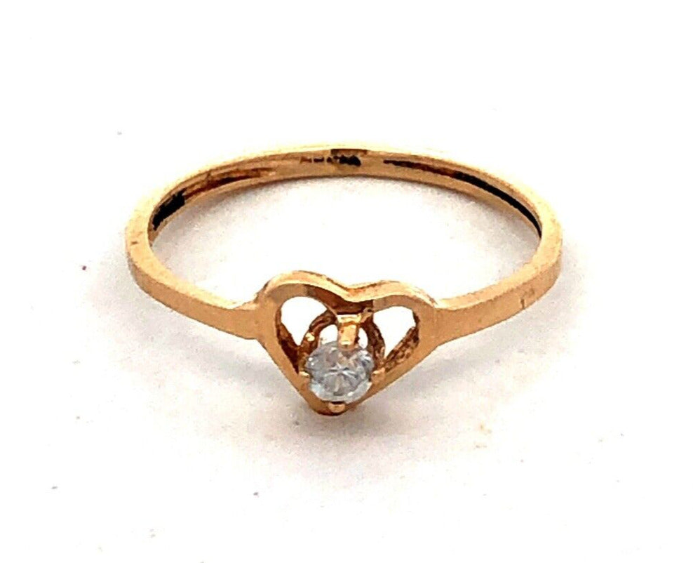 Estate 14K Yellow Gold Round White Tourmaline Solitaire Heart Love Promise Ring