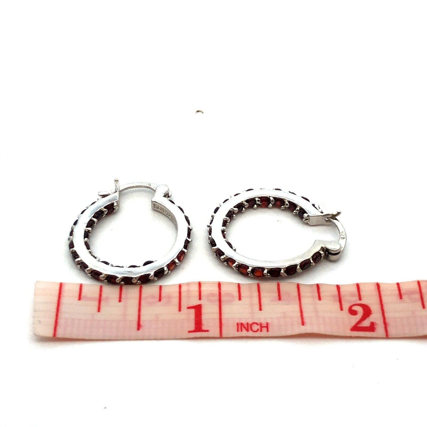 Designer HAN 925 Sterling Silver Round Red Garnet In-Out Eternity Hoop Earrings