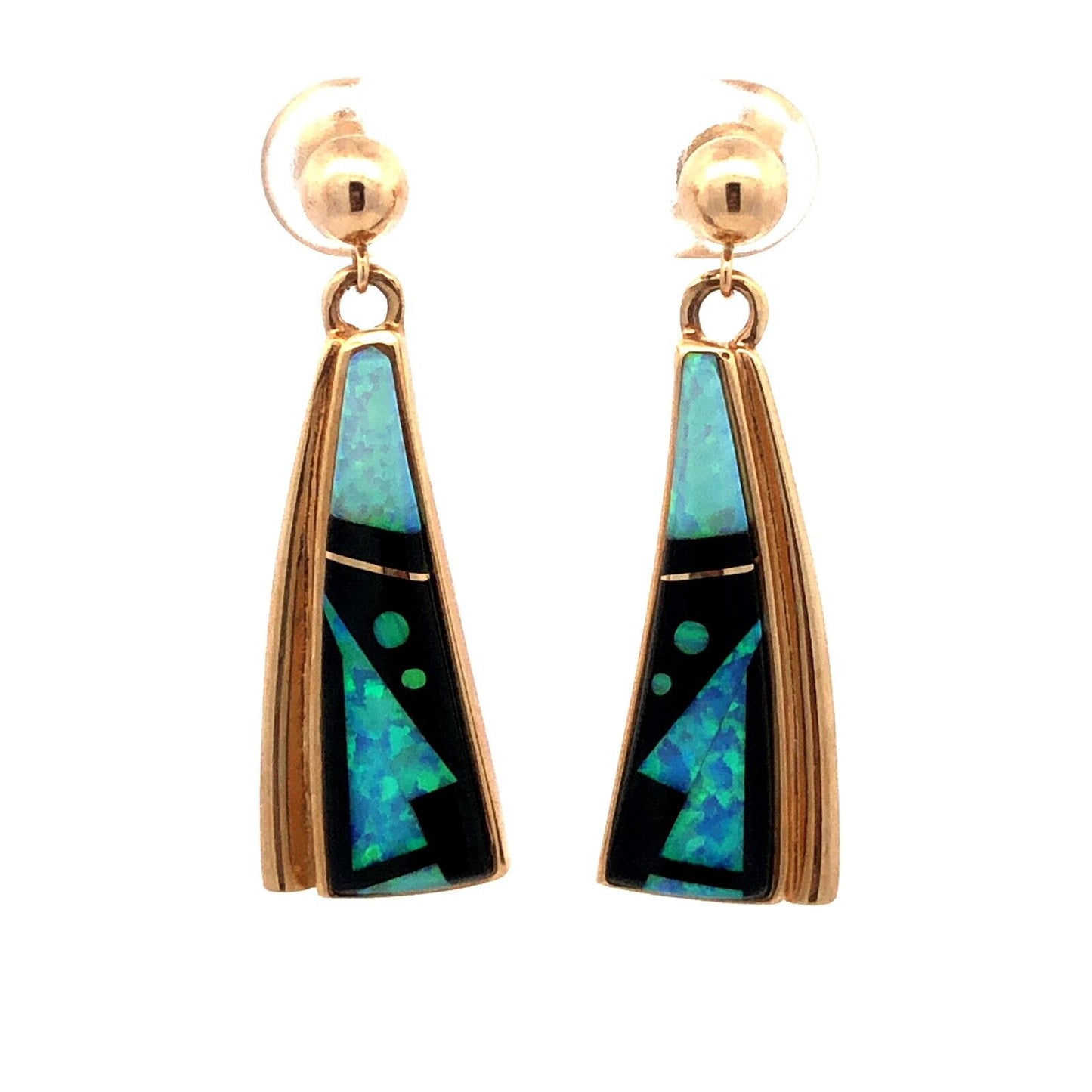 Calvin Begay Navajo 14K Yellow Gold Opal Onyx Storyteller Statement Earrings