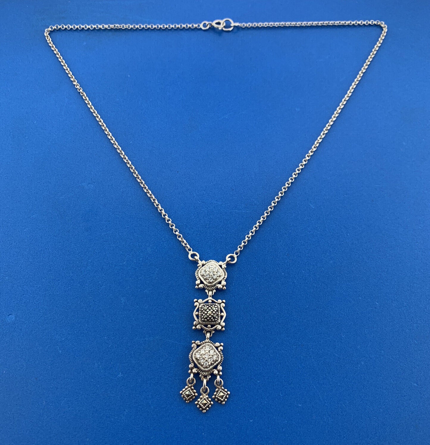 Stunning Sterling Silver 925 Round Sparkling CZ & Marcasite 17" Chain Necklace