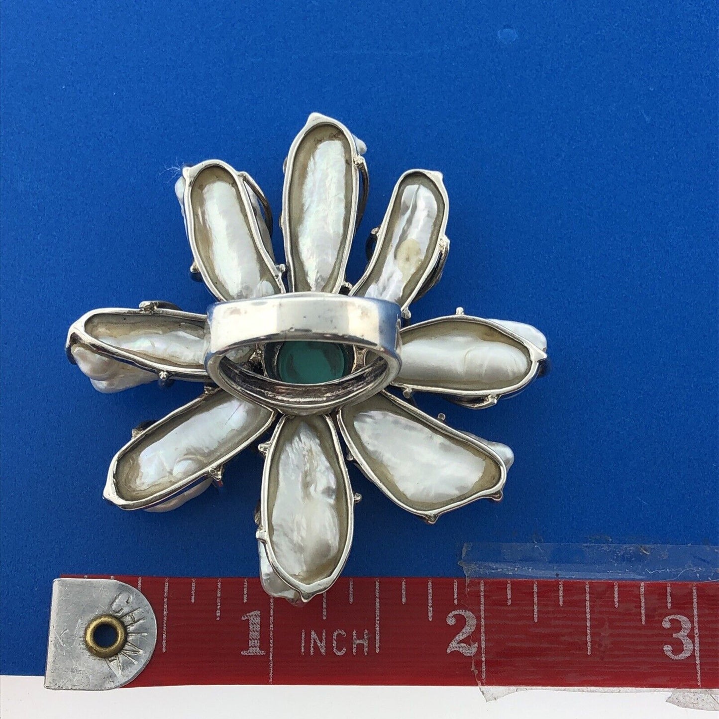 Designer 925 Sterling Silver CFJ Turquoise & Baroque Pearl Flower Floral Ring