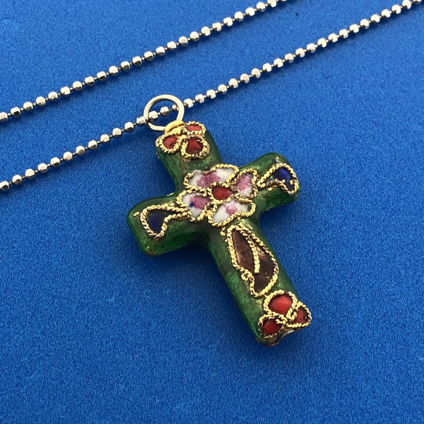 Retro 925 Sterling Silver Vermeil Enamel Cloisonne Cross Two Toned Necklace