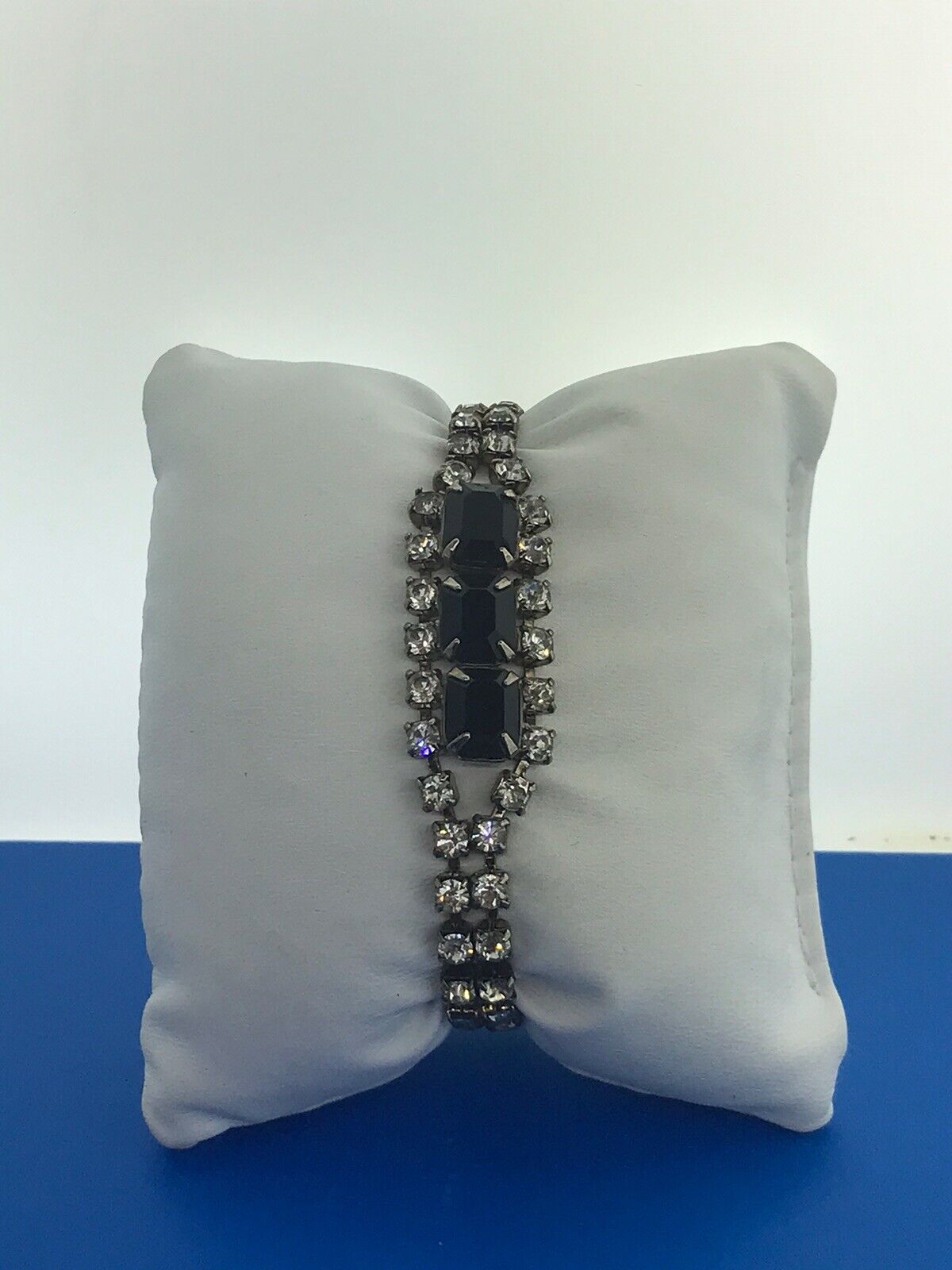 Vintage Silver Tone Rectangle Black Round White Rhinestone Runway Bracelet