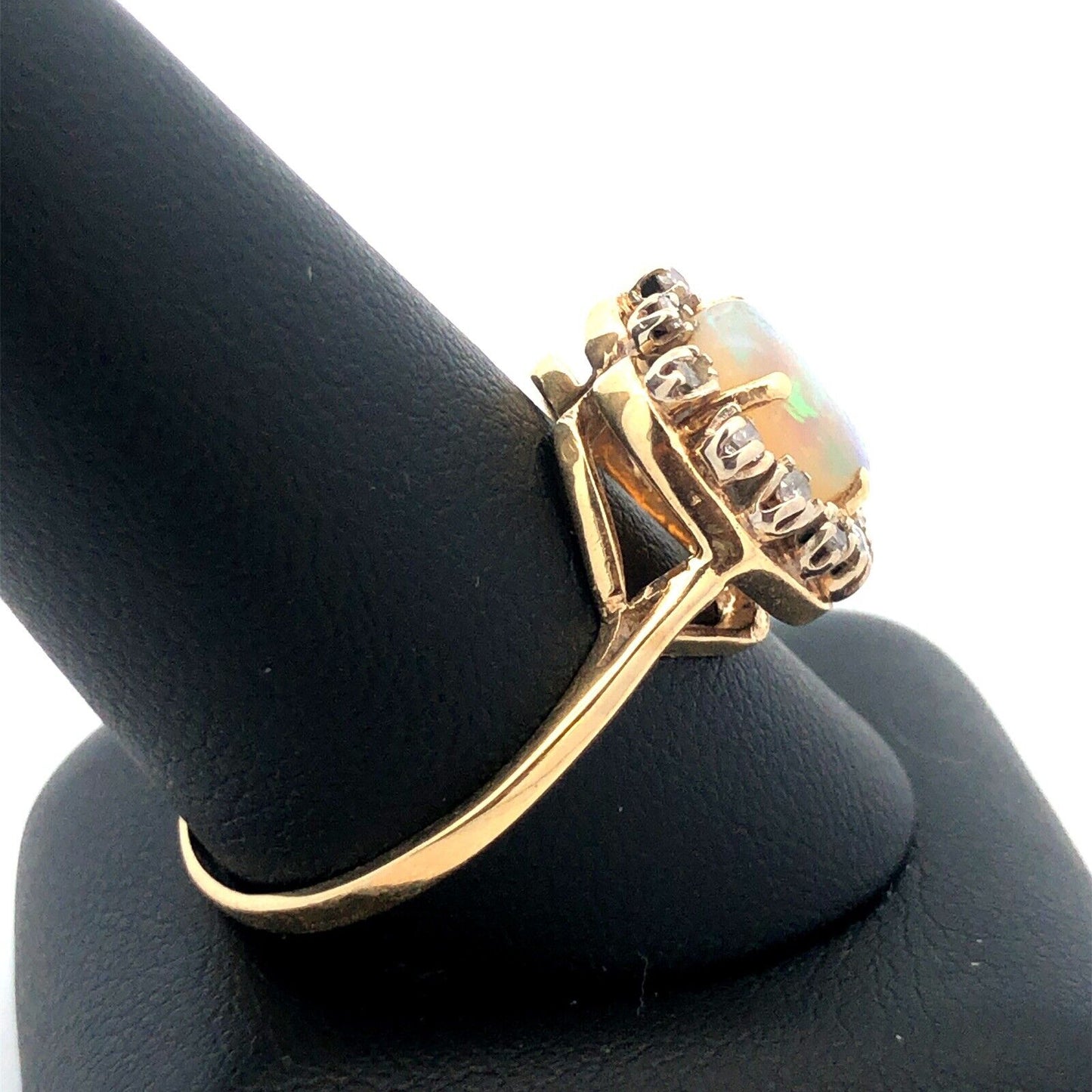 Gorgeous 14k Yellow Gold Cabochon White Light Opal Diamond Halo Ring Size 10.75