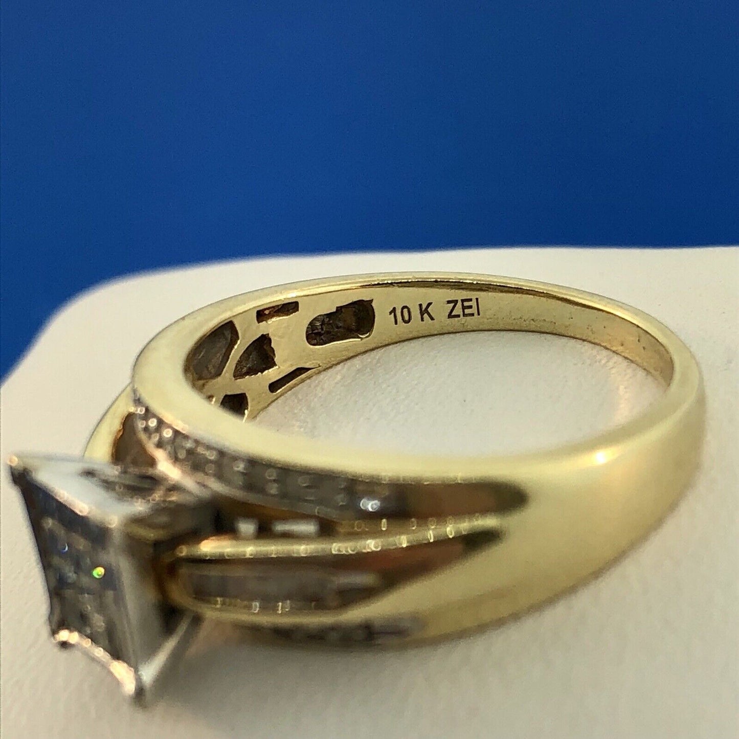 Vintage ZEI 10K Yellow White Gold Diamond Cluster Empire Style Engagement Ring