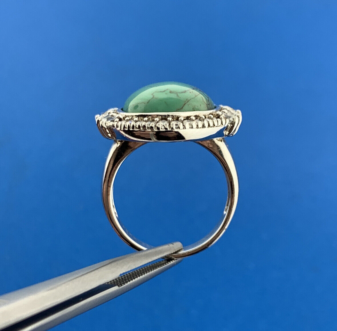 Joseph Esposito ESPO Sterling Silver Green Turquoise Cubic Zirconia Halo Ring