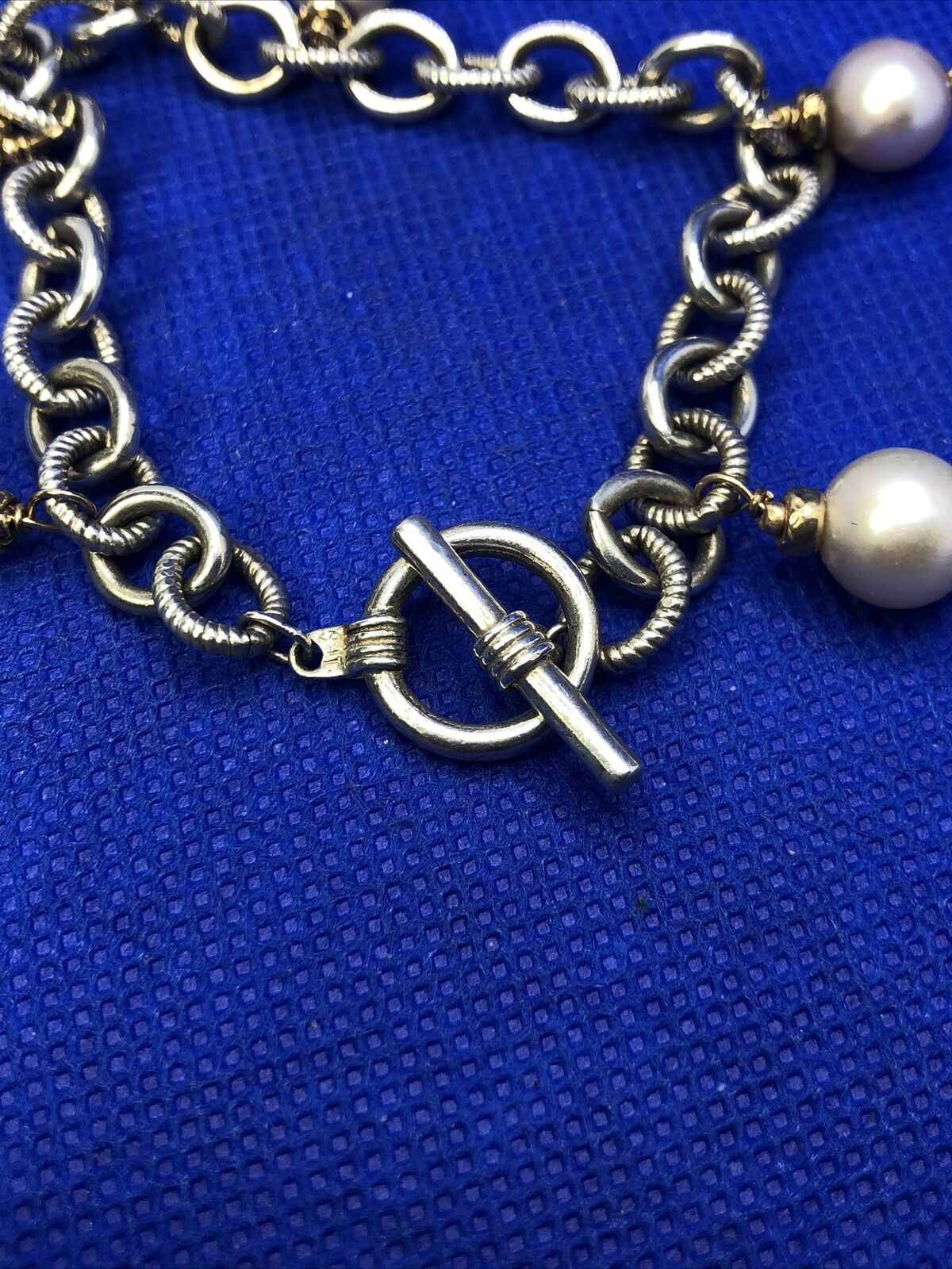 Estate 925 Sterling Silver 14K Gold Accented Pearl Charm Toggle Bracelet