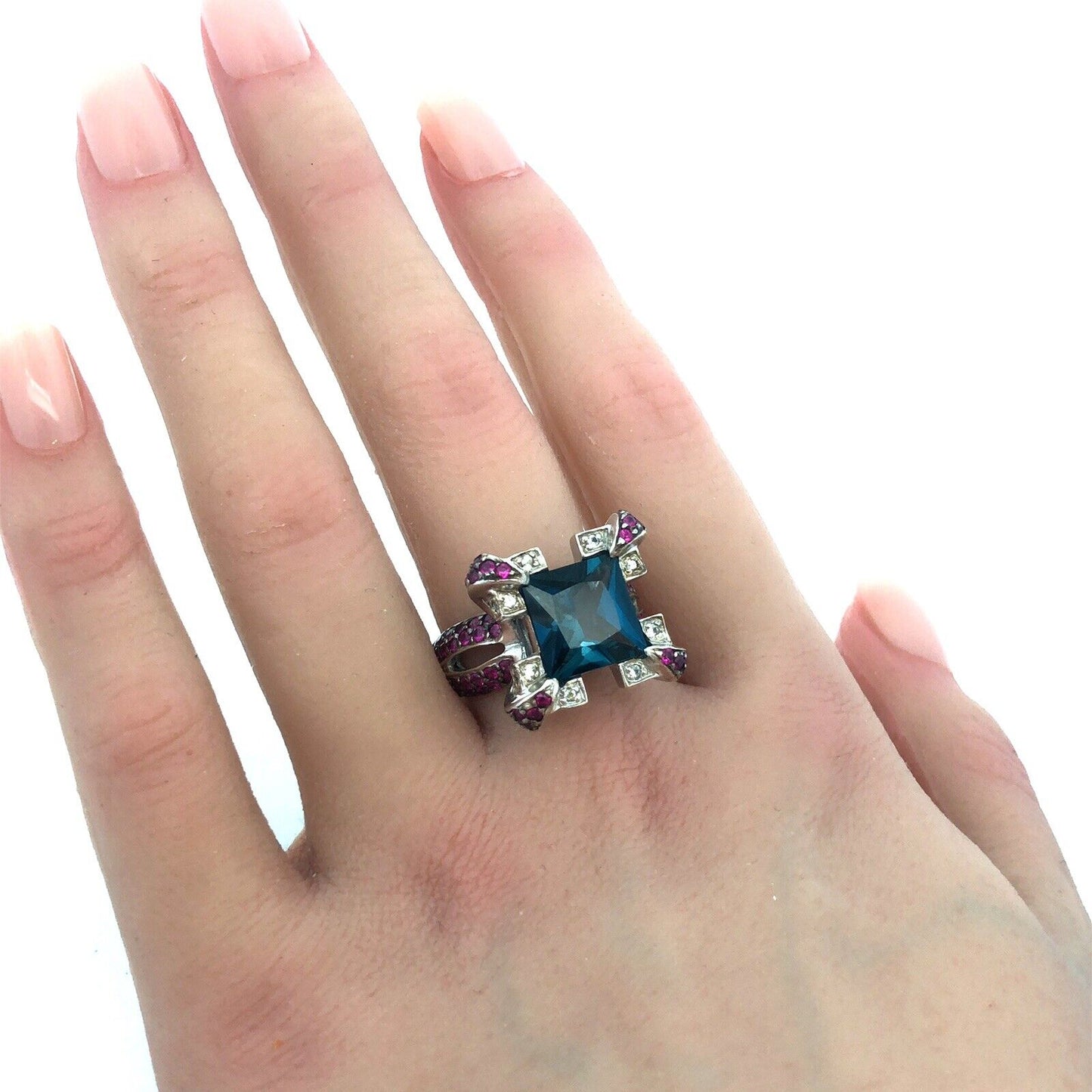 Sterling Silver London Blue Topaz Ruby Diamond Statement Cocktail Ring