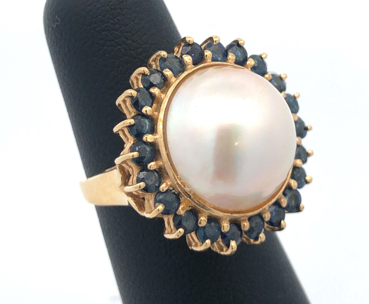 Vintage Designer 14K Yellow Gold Mabe Pearl Sapphire Halo Statement Cocktail Rin