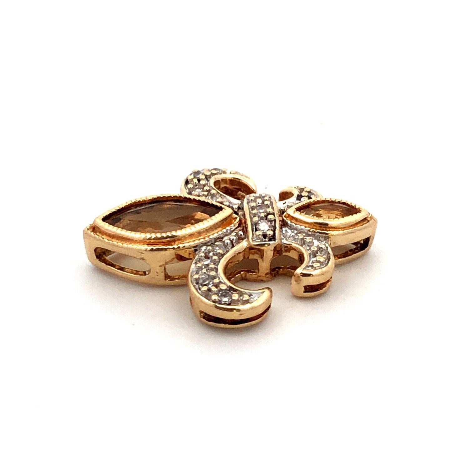 Designer AV 14K Yellow Gold Marquise Citrine Diamond Fleur De Lis Pendant