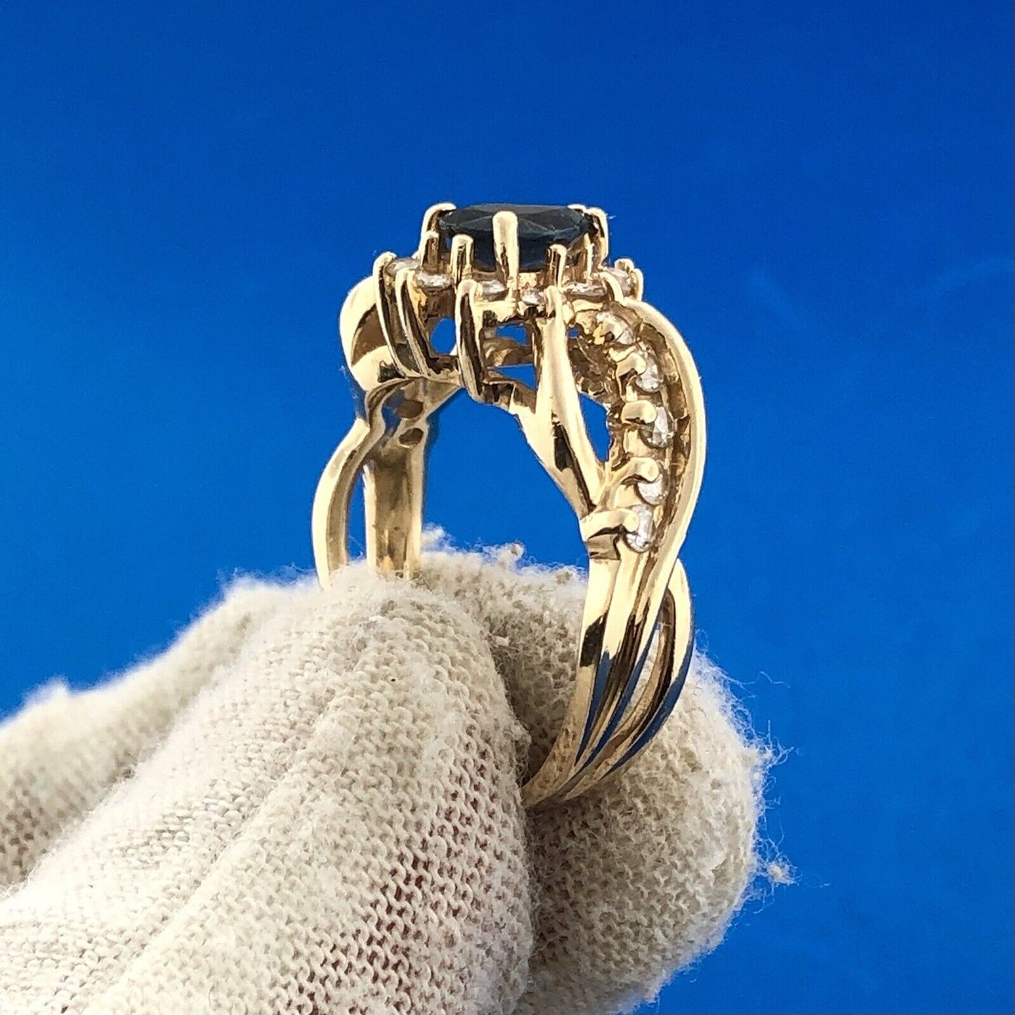Retro Designer 14K Yellow Gold Sapphire Pear Diamond Halo Accented Cocktail Ring