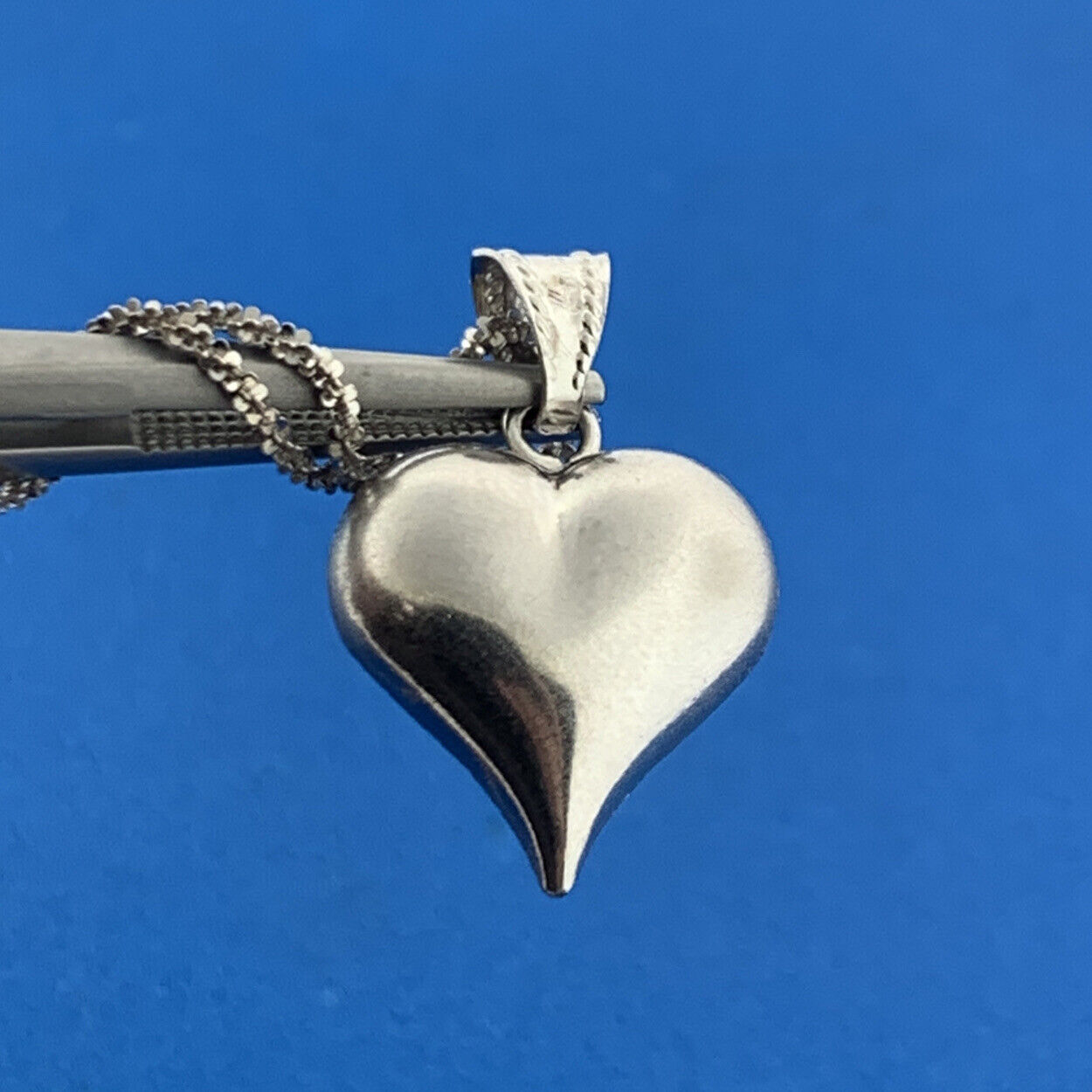 Designer Italy 10K White Gold Polished Diamond Cut Puffy Heart Pendant Necklace