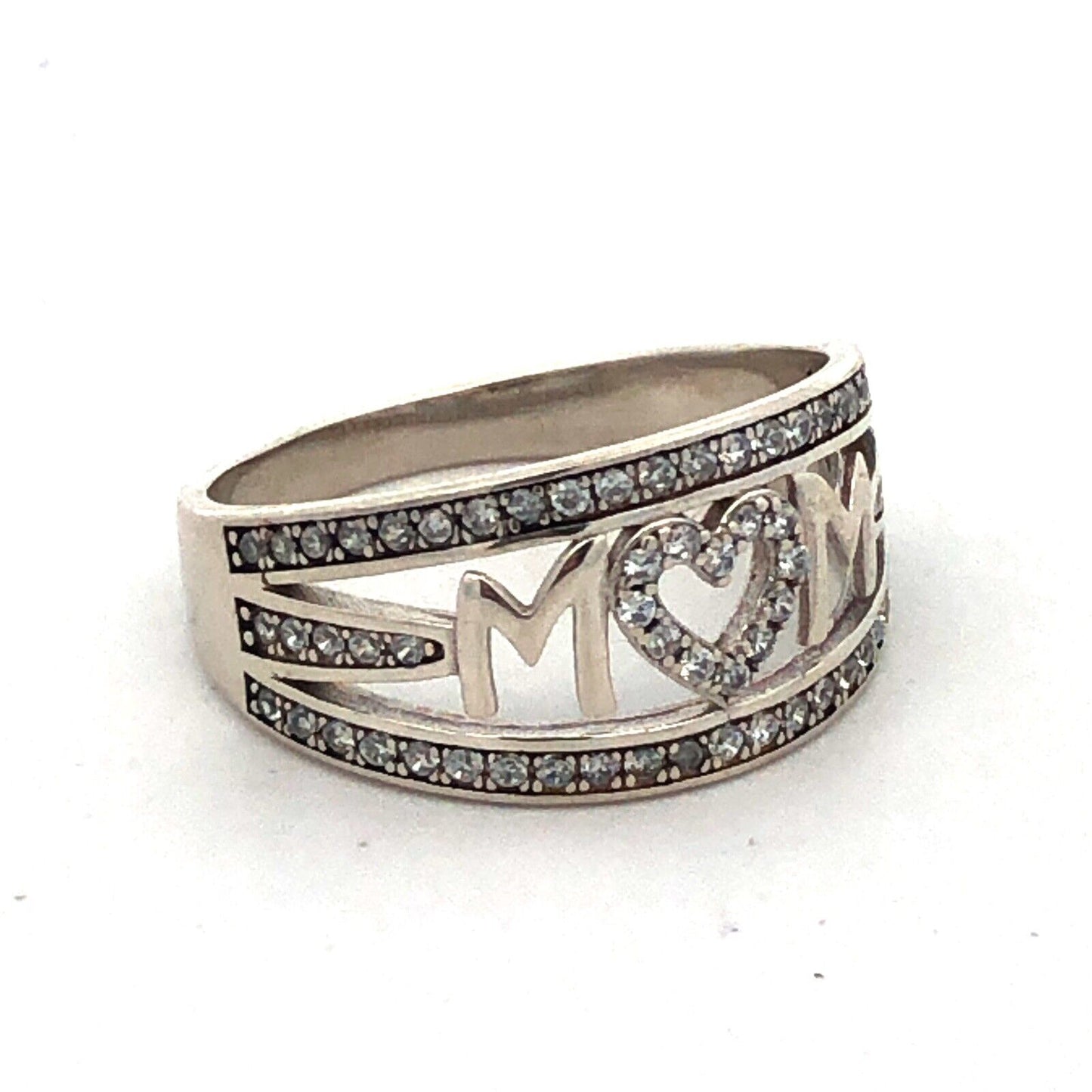 925 Sterling Silver Estate Cubic Zirconia CZ MOM Mother Heart Love Band Ring