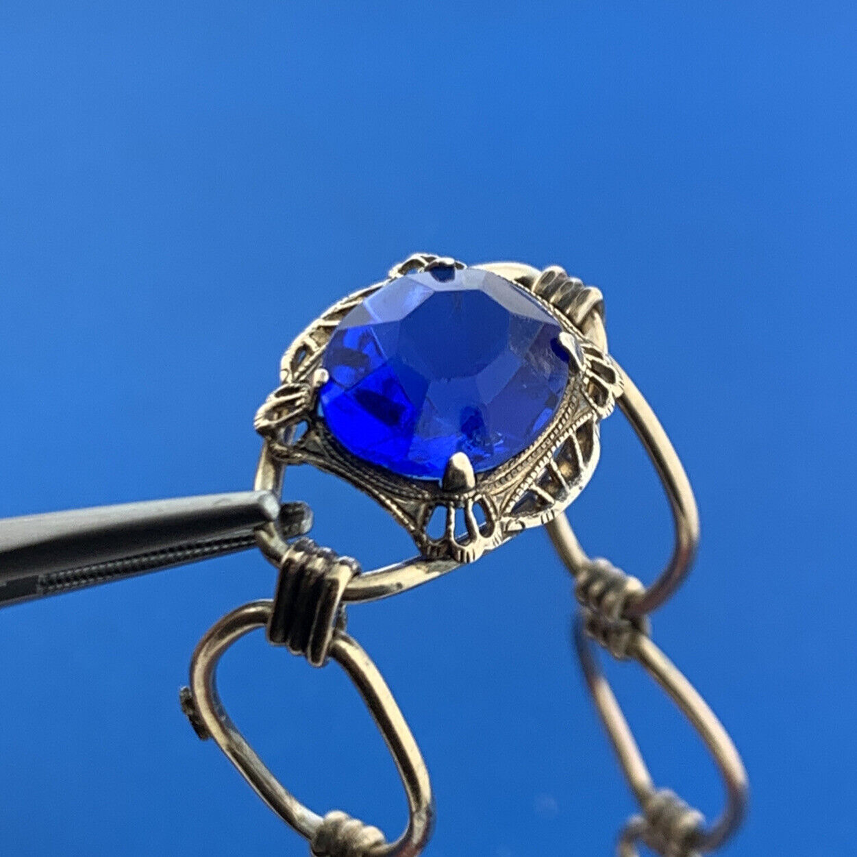 Art Deco AMCO Gold Filled Sterling Silver Faceted Blue Glass Oval Link Bracelet