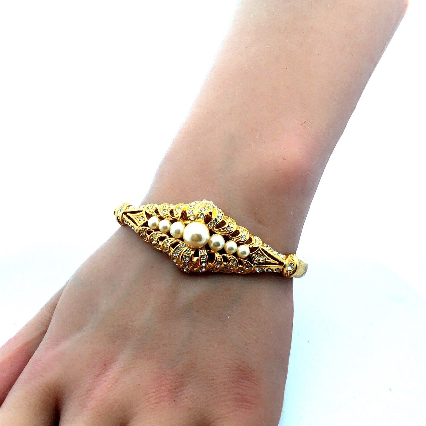 Vintage Barbara Mandrell Gold Tone Faux Pearl Rhinestone Hinged Cuff Bracelet