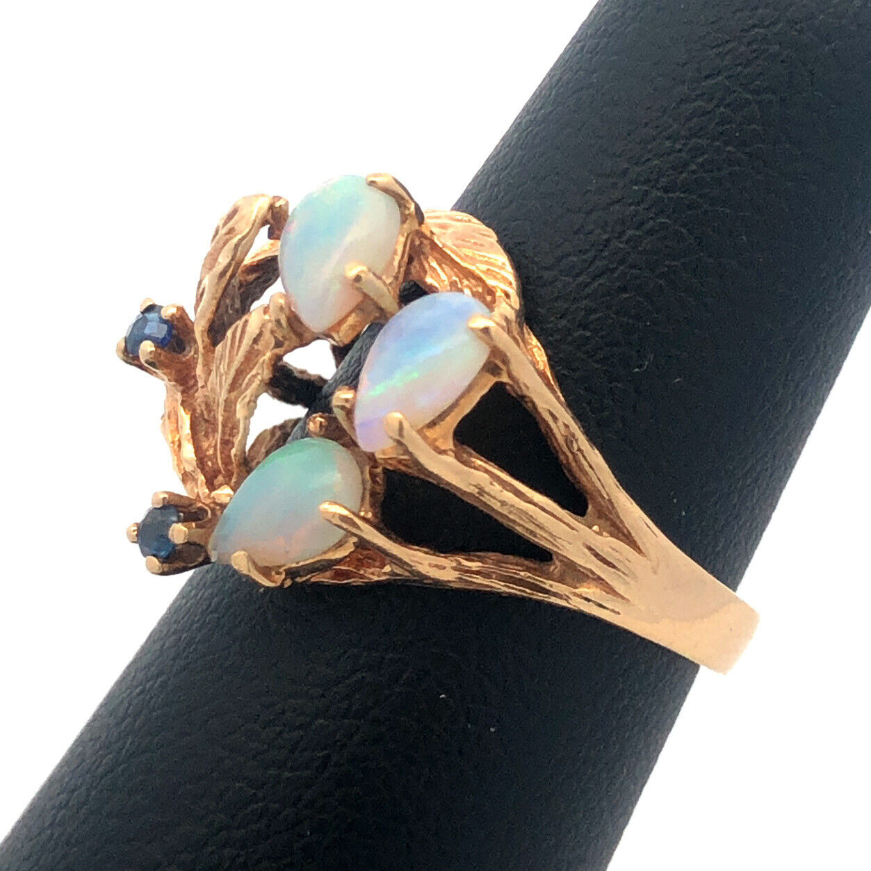 Vintage 10K Yellow Gold Opal Sapphire October Leaf Design Free Form Ring