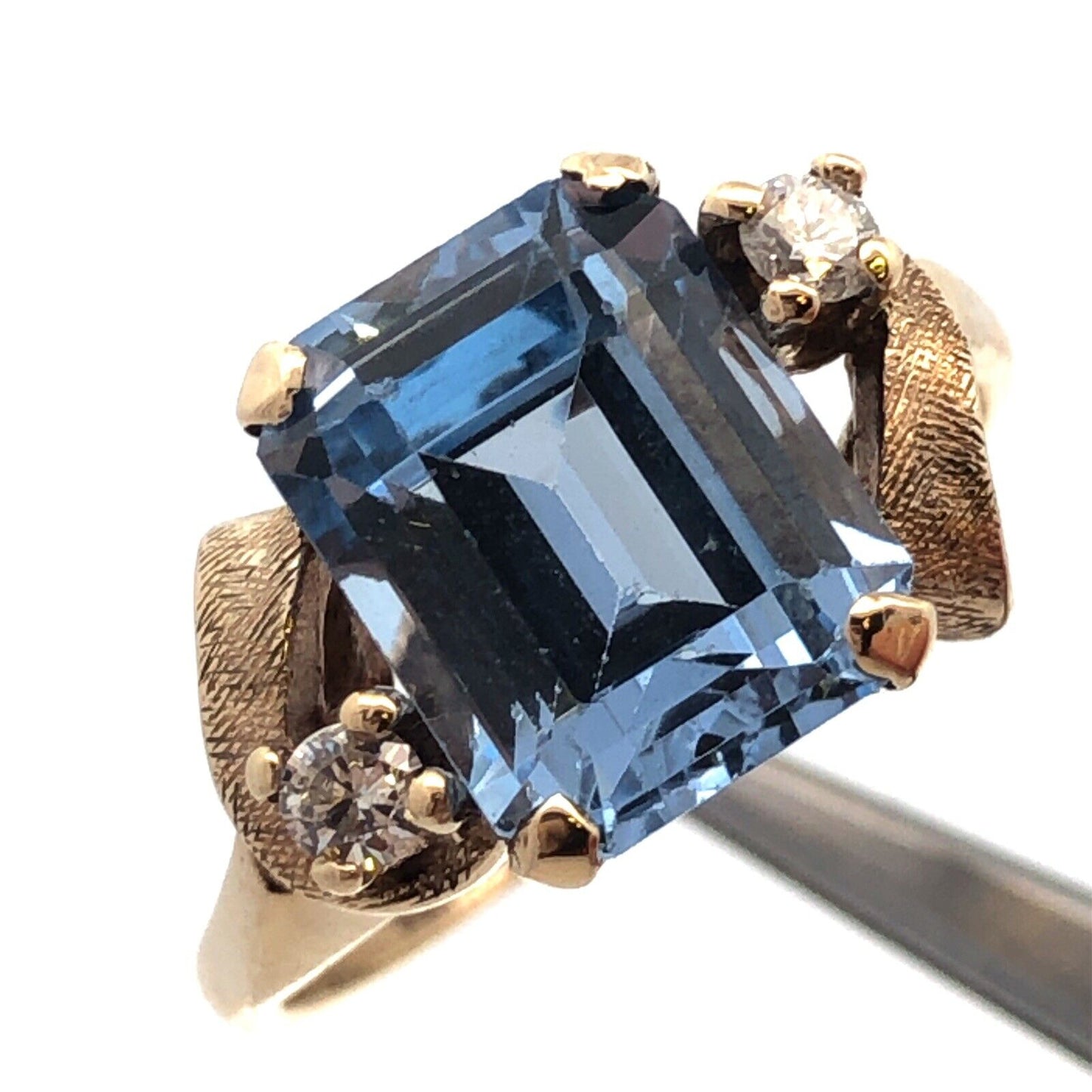 Designer 10K Yellow Gold Emerald Cut Blue Spinel Diamond Engagement Ring