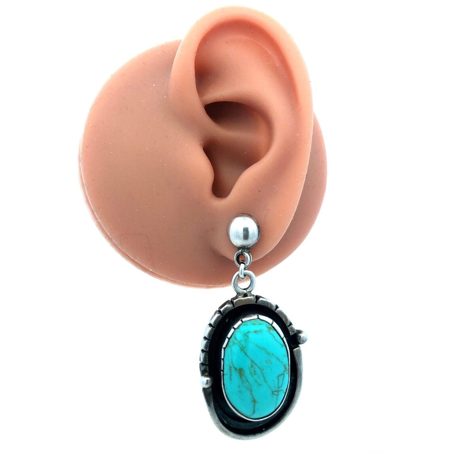Modernist HOB Mexico 925 Sterling Silver Turquoise Statement Dangle Stud Ea