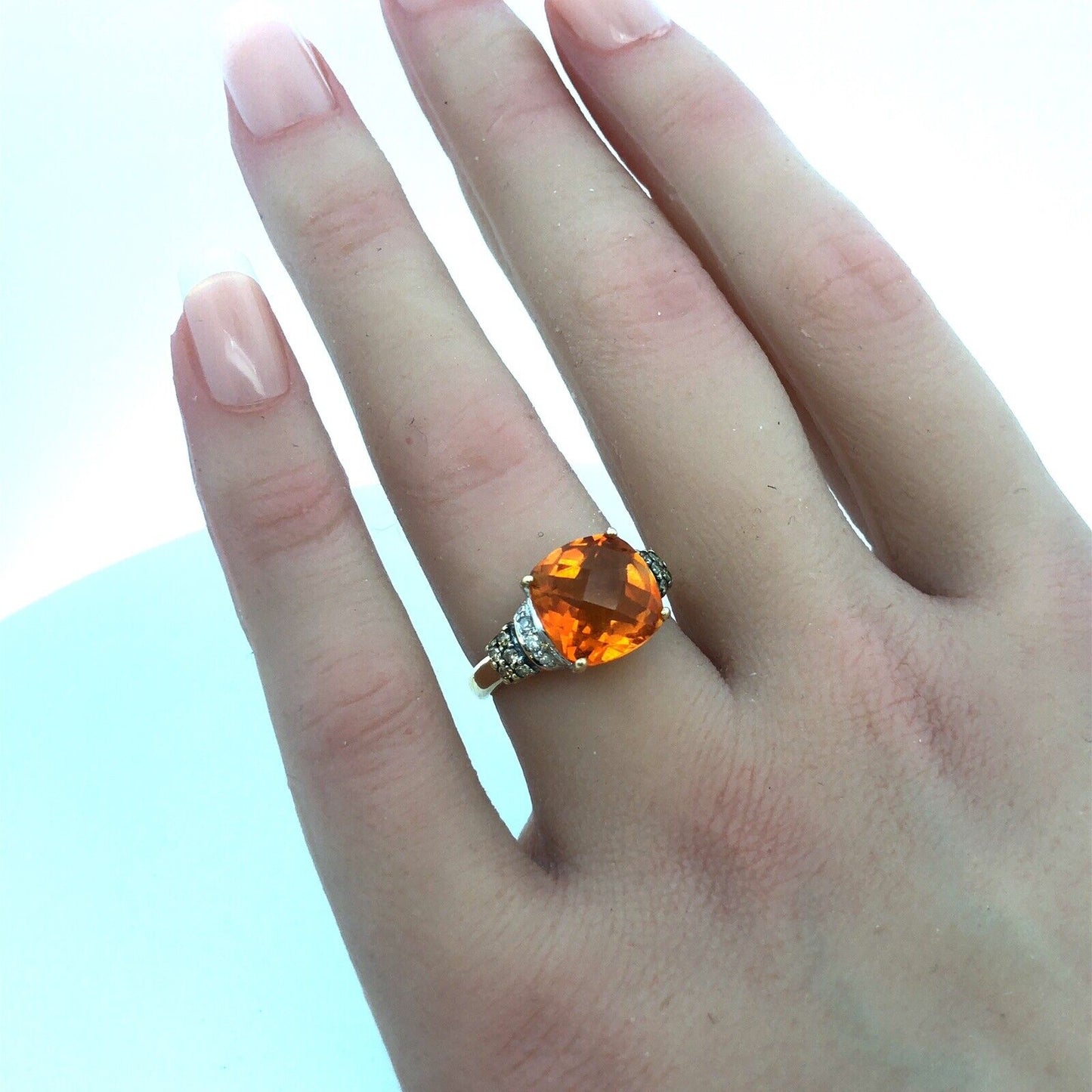 14K Yellow Gold Faceted Cushion Citrine Chocolate White Diamond Cocktail Ring