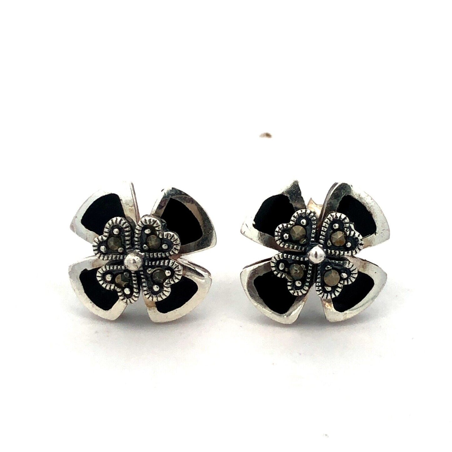 Estate Sterling Silver Black Onyx Inlay Marcasite 4 Leaf Clover Stud Earrings