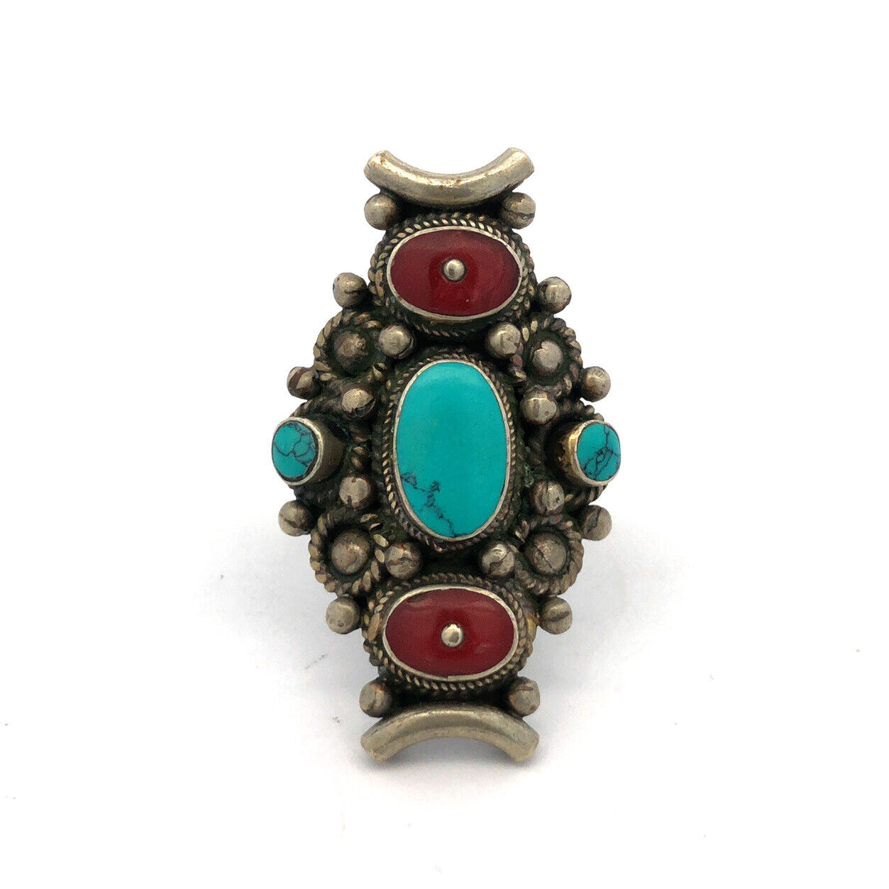 Native American Silver Plate Oval Turquoise Red Coral Detailed Statement Ring
