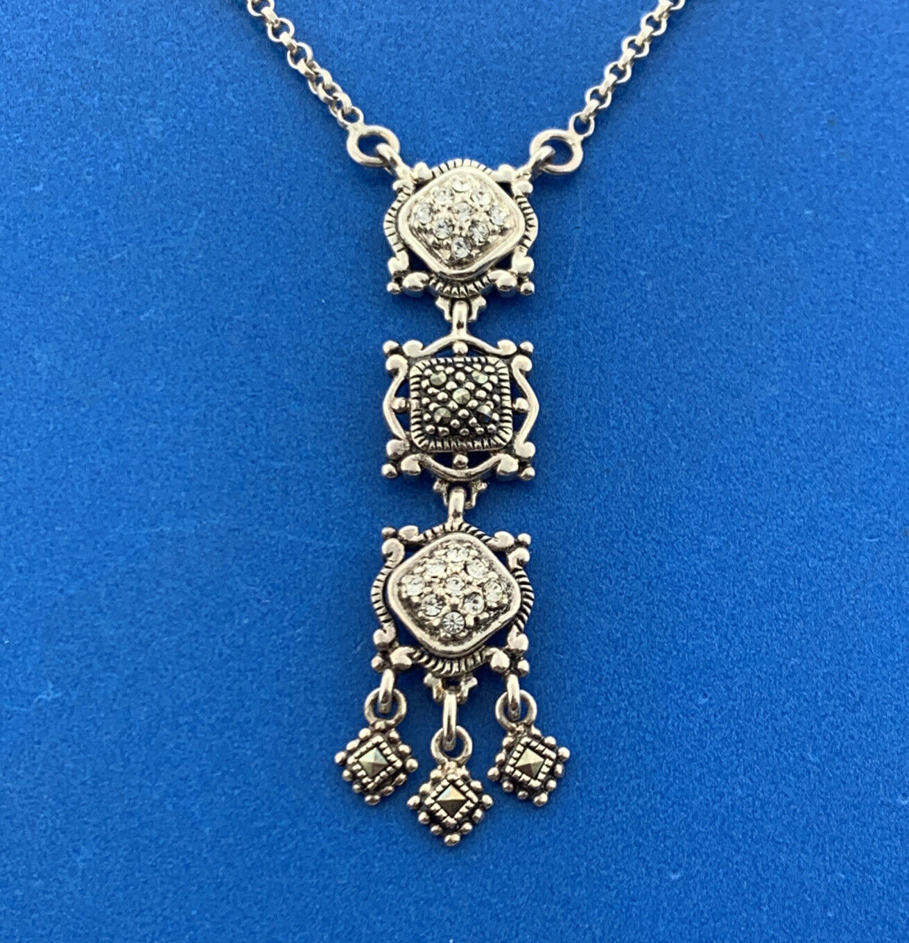 Stunning Sterling Silver 925 Round Sparkling CZ & Marcasite 17" Chain Necklace
