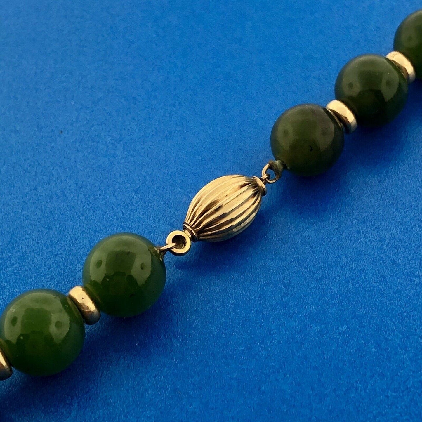 Gorgeous 14k Yellow Gold Cabochon Green Jade Bead Strand String 22.5" Necklace