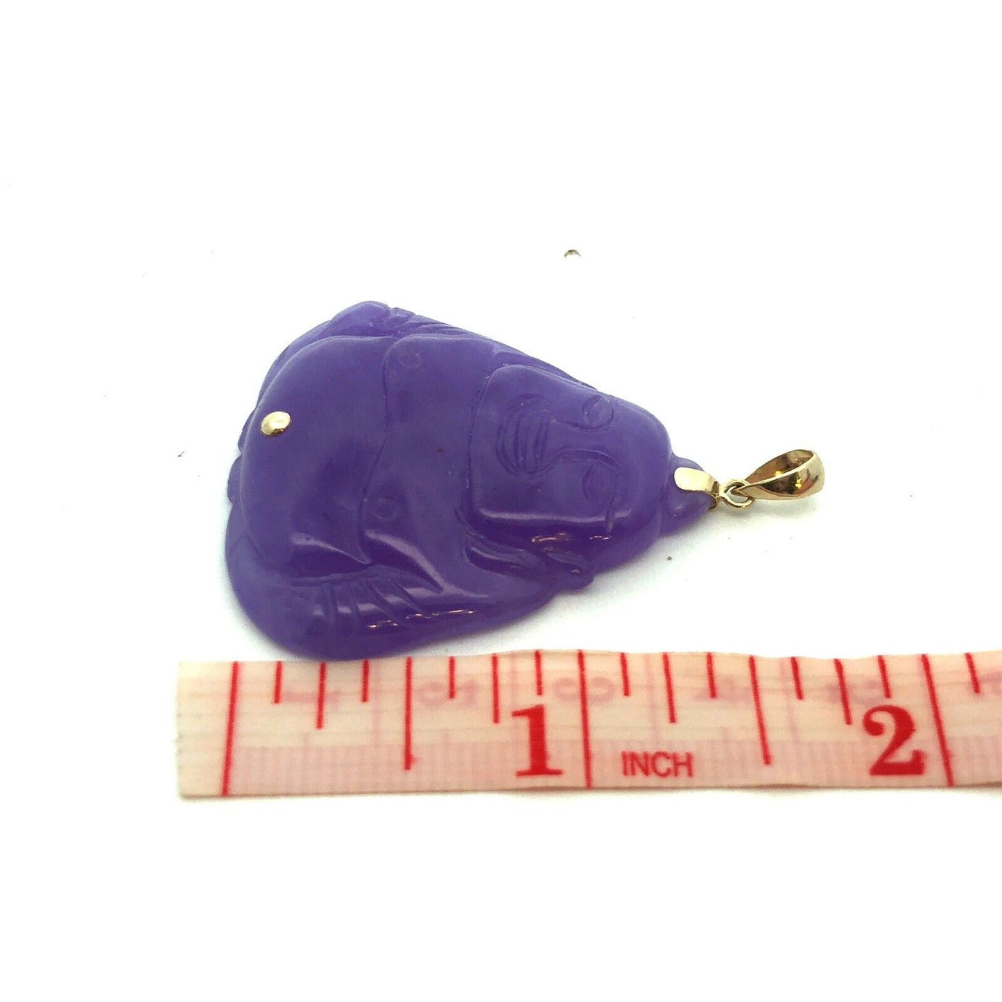Vintage WW 14K Yellow Gold Carved Lavender Jade Buddha Statement Pendant
