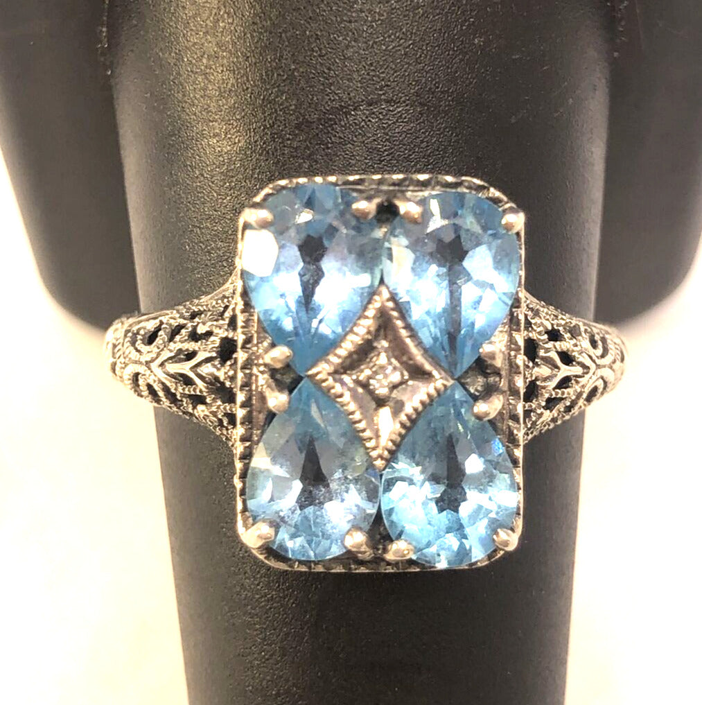 Designer CNA 925 Sterling Silver Blue Topaz and Diamond Accent Rectangle Ring