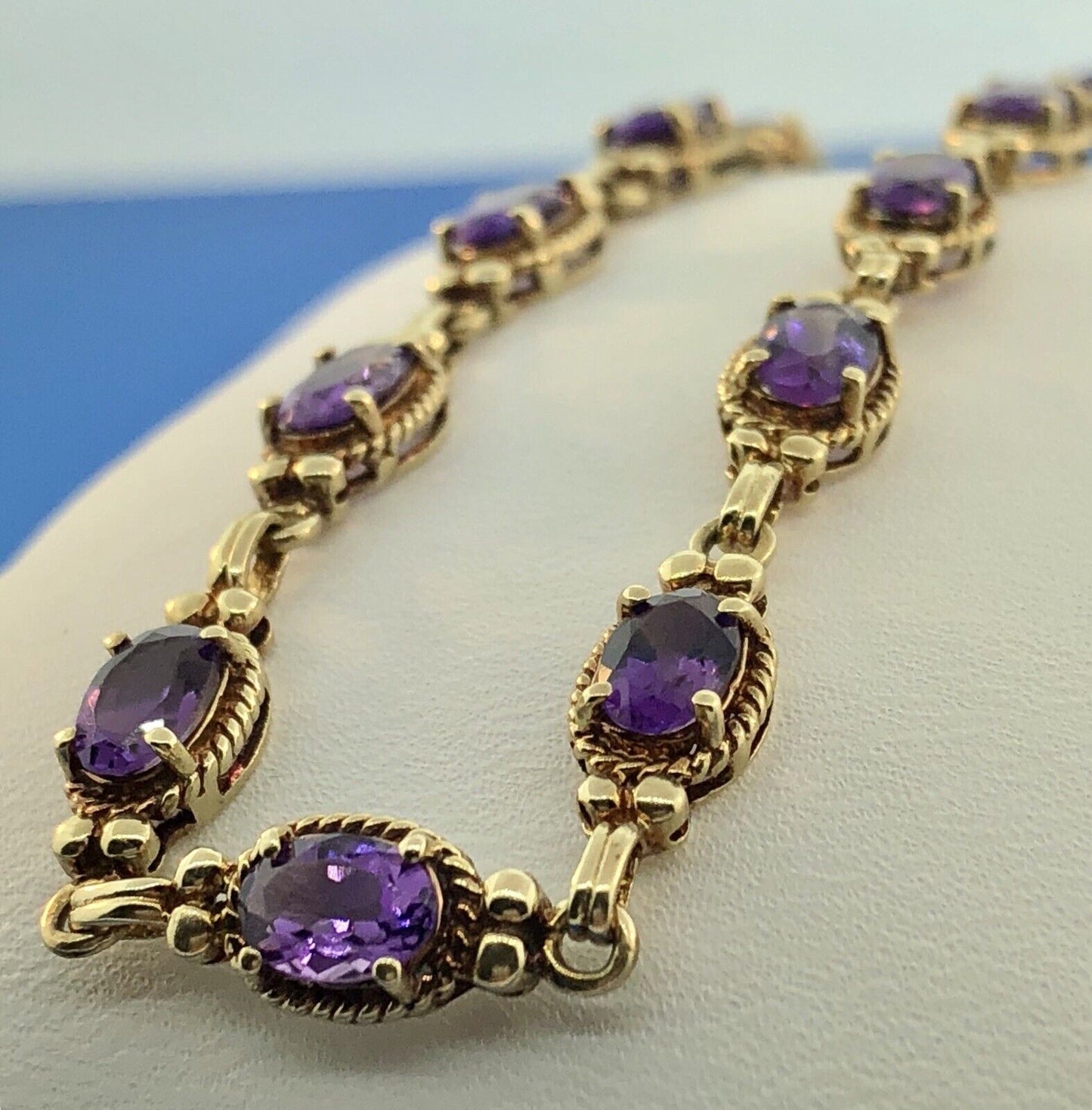 Vintage 10K Yellow Gold Oval Amethyst Panel February Anniversary Tennis Bracelet