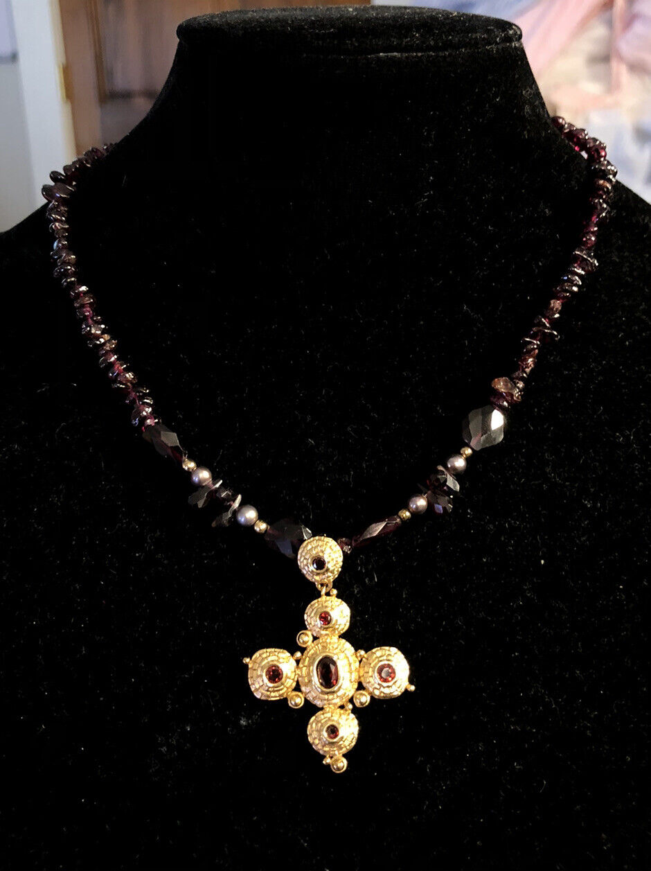 Vintage 925 Sterling Silver Gold Vermeil Amethyst Beaded Garnet Cross Necklace