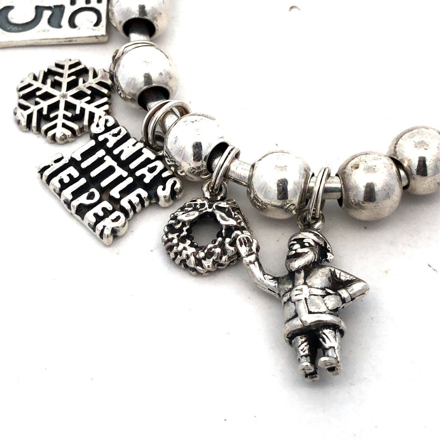 Vintage SJC 925 Sterling Silver Christmas Holiday Theme Beaded Charm Bracelet