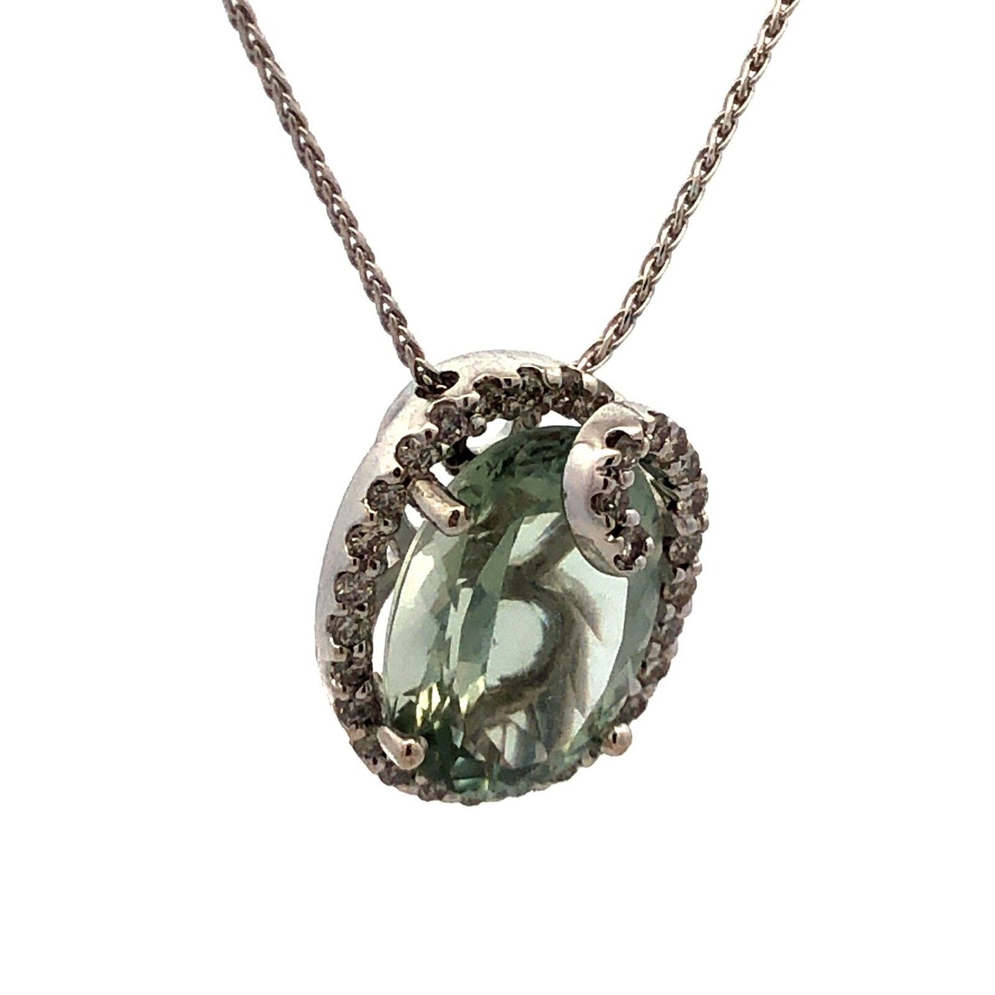 Designer SG 14K White Gold Oval Green Amethyst Diamond Swirl Pendant Necklace