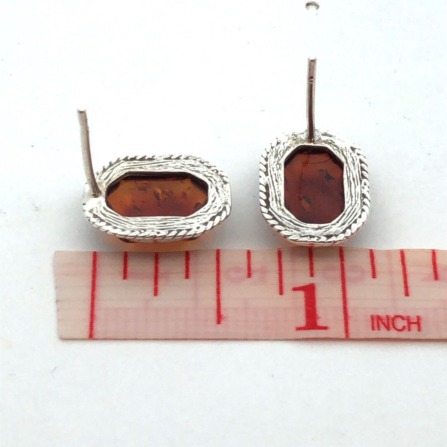 925 Sterling Silver Estate Amber Rectangle Twist Border Statement Stud Earrings