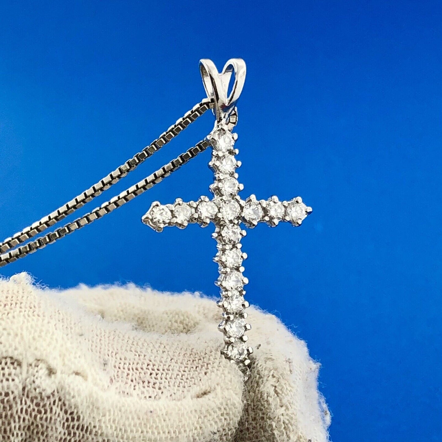 Stunning Sterling Silver 925 CZ Religious Faith 20" Box Chain Cross Necklace