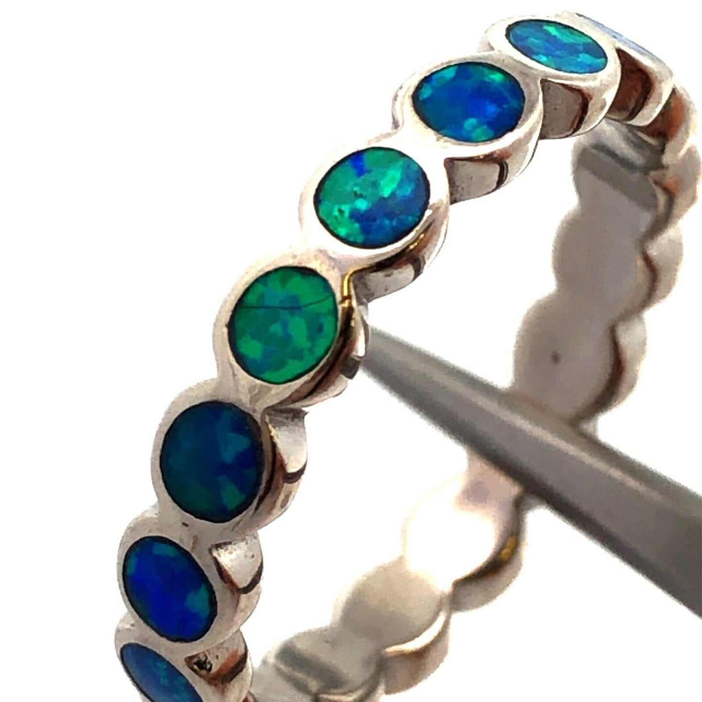 925 Sterling Silver Round Blue Opal Inlay Bubble Stackable Band Ring