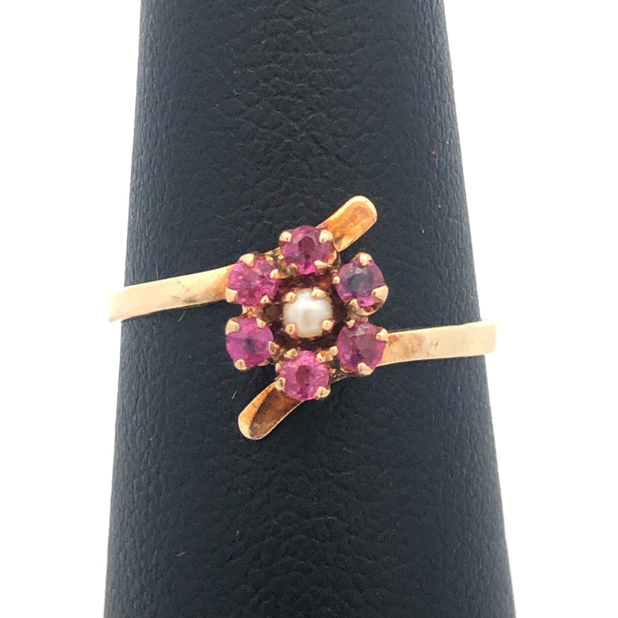 Vintage 14K Yellow Gold Ruby Pearl Flower Cluster July Sweetheart Bypass Ring