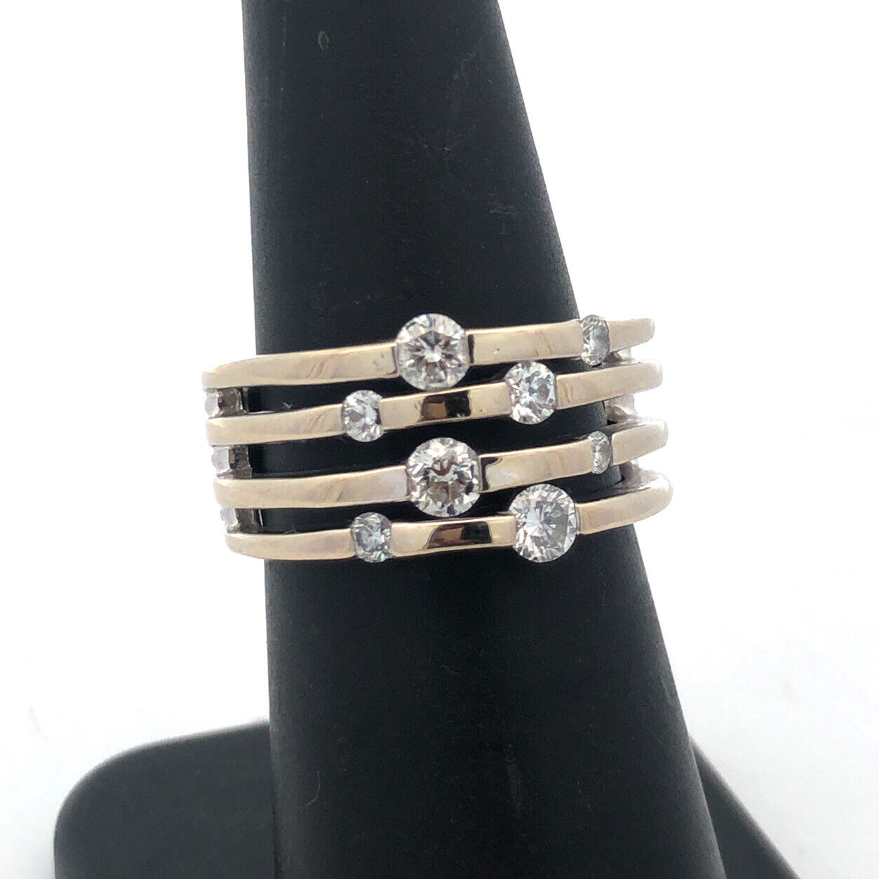 Designer 14K White Gold Round Diamond Wide Multi-Band Statement Ring